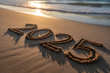 The number 2025 is written on the calm beach sand with blue shades