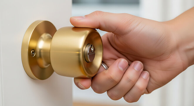 Hand turning a brass door knob on a white door
