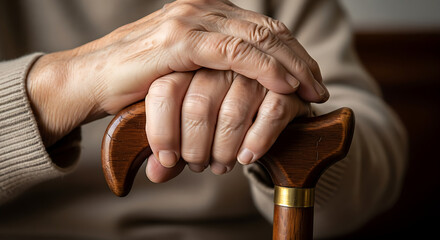 Elderly person holding a wooden cane handle