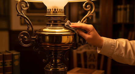 Hand adjusting a vintage oil lamp in a study