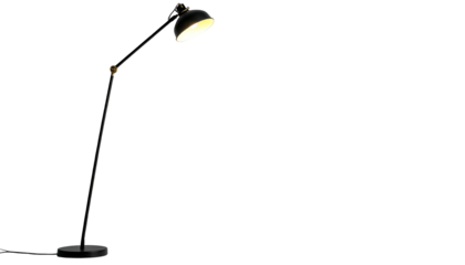 A modern, black standing lamp casts light against a black backdrop, simple and elegant