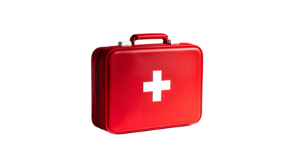 A red rectangular case with a white cross, handle, & clasps, set against a black backdrop