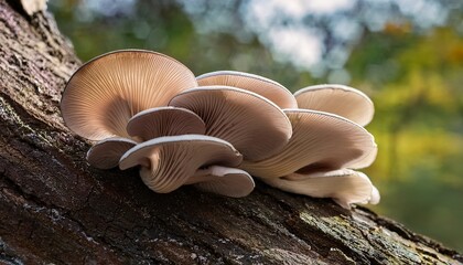 oyster mushrooms grow in clusters on a weathered tree trunk