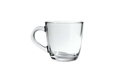 A clear glass mug with a curved handle sits against a black background