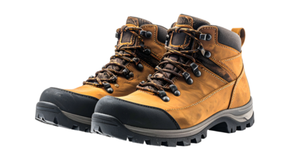 A pair of sturdy, brown and black hiking boots isolated on a black background (1)