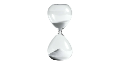 Clear glass hourglass against a stark black background, sand trickling downward