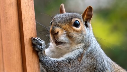 Obraz premium surprised squirrel cautiously peeks around corner concept a close up image of a curious gray squirrel in its natural habitat