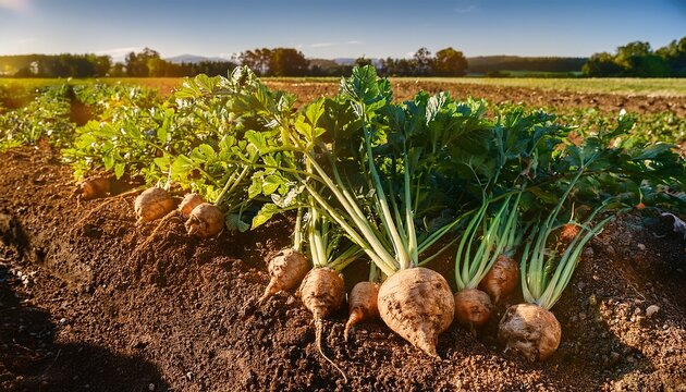 ripe root vegetables grow in rich soil on a sunny farm field