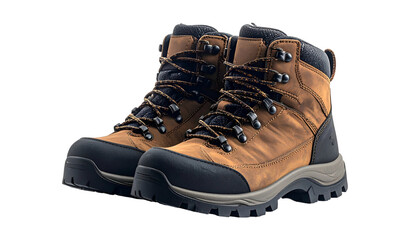 Pair of rugged brown leather hiking boots isolated on black, angled view