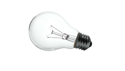 Classic light bulb, transparent glass shell, black base, tilted on a dark background