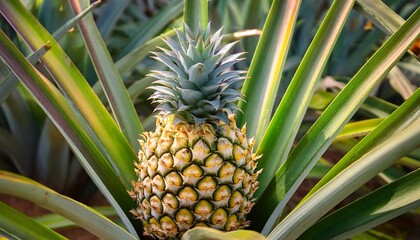 view of a pineapple growing on its plant showcasing its vibrant yellow and green scales