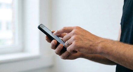 Side view of male hand thumb swiping up on smartphone screen