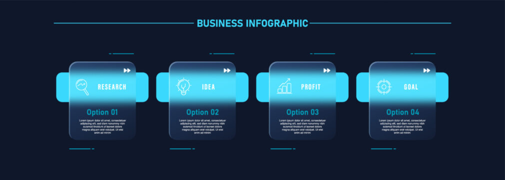 Design template for vector infographic labels with icons and 5 options or steps on dark background. Suitable for process diagrams, presentations, workflow layouts, banners, flow charts
