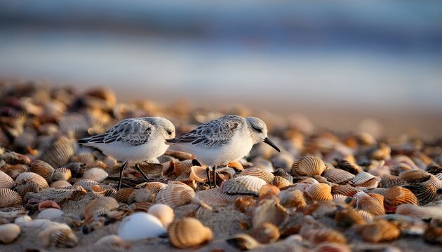 two small sanderlings calidris alba forage for food among seashells on the beach