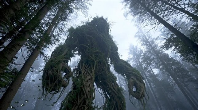 Giant Leshy silhouette between colossal pine trees, body of bark, vines and roots, fog swirling around his legs, ultra-realistic forest particles and ancient magical energy.

