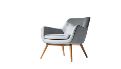 Fototapeta premium Isolated soft gray armchair on wooden legs, set against a dark background, in a studio shot