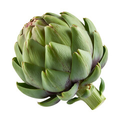 Obraz premium Fresh whole green artichoke with layered petals and stem isolated on a transparent background 1