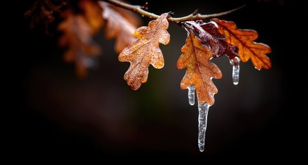 Autumn leaves iced over, close-up