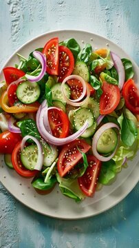 Gesunder Gem&uuml;sesalat mit Tomate, Gurke, Zwiebel, Spinat, Salat und Sesam &ndash; Draufsicht