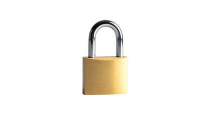 Naklejka premium Close-up of a golden padlock with a shiny chrome shackle, isolated on black
