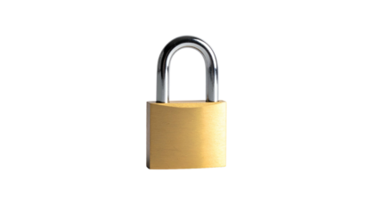 Close-up of a golden padlock with a shiny chrome shackle, isolated on black