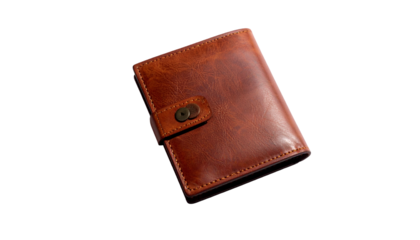 Brown leather wallet against black background, closed, with metal snap closure