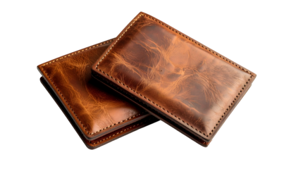 Two brown leather wallets, one atop the other, showing texture and stitching on a black background