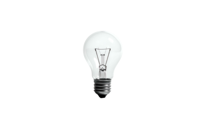 Single clear bulb with filament, screw base, set against stark black background