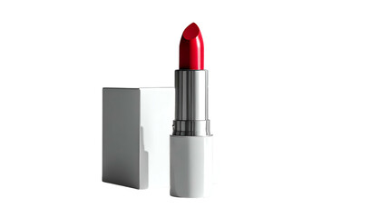 Fototapeta premium A vibrant red lipstick stands next to its pristine white box, isolated on a black background