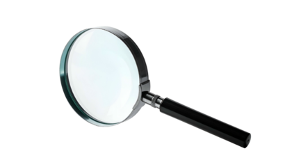 A large magnifying glass with a black handle, angled and isolated on a black background