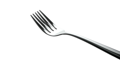 A shiny silver utensil, a fork, against a stark black background, angled right