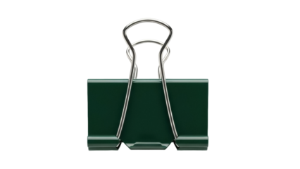 Dark green binder clip PNG isolated on transparent background, office supply for holding papers and documents together, stationery item
