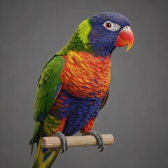 Naklejka premium Vibrant rainbow lorikeet perched on a wooden branch against a gray background