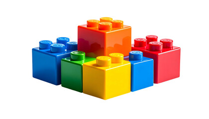 Obraz premium Colorful plastic interlocking construction blocks of various sizes and hues, against a black background