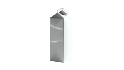 A white, tall carton of liquid, standing upright, with shadows and folds, on black