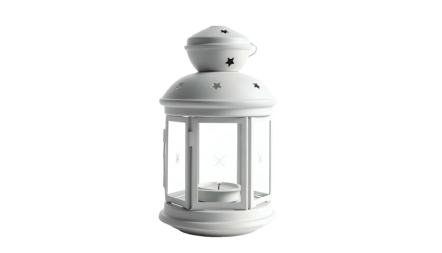 White lantern with glass panes and star cutouts on a black background, candle inside - Powered by Adobe