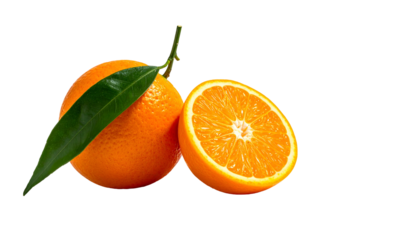 Bright, juicy oranges on black background; one whole, one cut open; with leaf