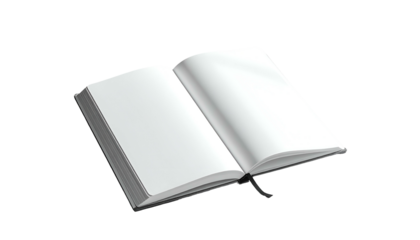 An open book, pages blank, with a black cover and bookmark, on a black background