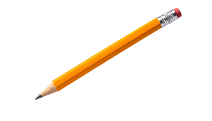 A realistic yellow pencil with a red eraser and silver metal tip on a stark black background