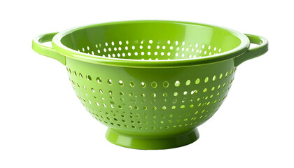 A glossy, vibrant green colander with two handles, isolated on a black background