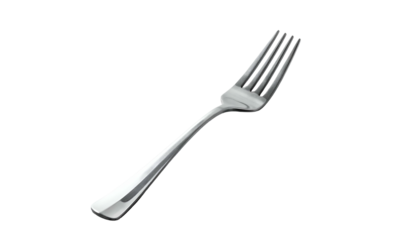 Gleaming, silver-colored fork with tines, angled slightly on a black background