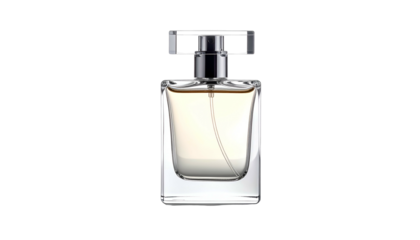 A rectangular glass fragrance bottle with silver cap and beige liquid, against black