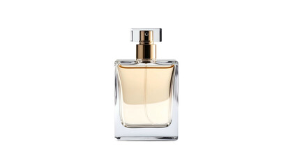 A perfume bottle with a golden atomizer, transparent glass, and beige liquid against black