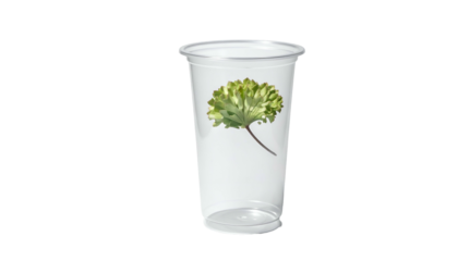 A clear plastic cup with a green leaf design printed on its side against a black backdrop