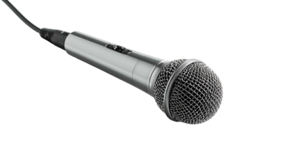 A sleek, silver microphone with a wired connection, set against a stark, black backdrop