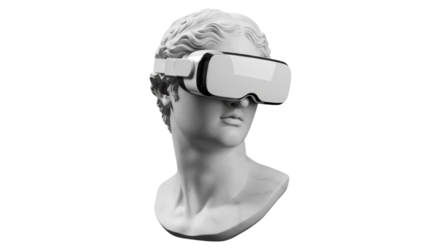 Bust of Apollo wearing VR headset isolated PNG, classical sculpture in virtual reality for technology and art concepts - Powered by Adobe