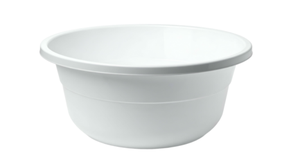 Plain white plastic bowl with rounded shape and slight lip, isolated on black background