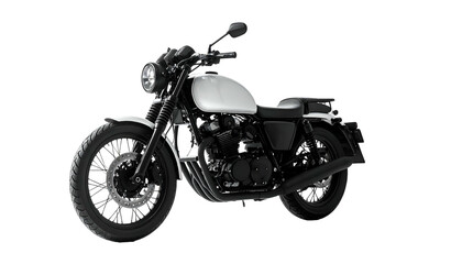 Fototapeta premium White and black motorcycle against black background, side view, modern design