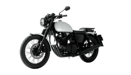 White and black motorcycle against black background, side view, modern design