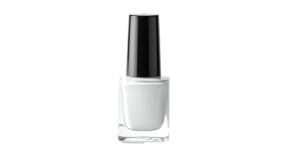 A bottle of bright white nail polish with a black cap sits centered against a black backdrop